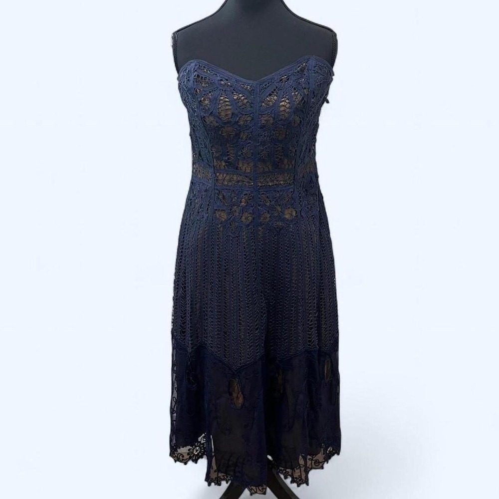 Betsey Johnson Navy Blue Crochet Lace Strapless Midi Dress Tan Lining Womens 10
